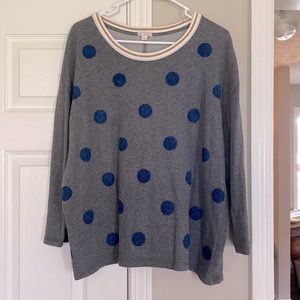 Gap Women’s Sweater Size XL GOLD lined neckline gray with Navy polka dot EUC